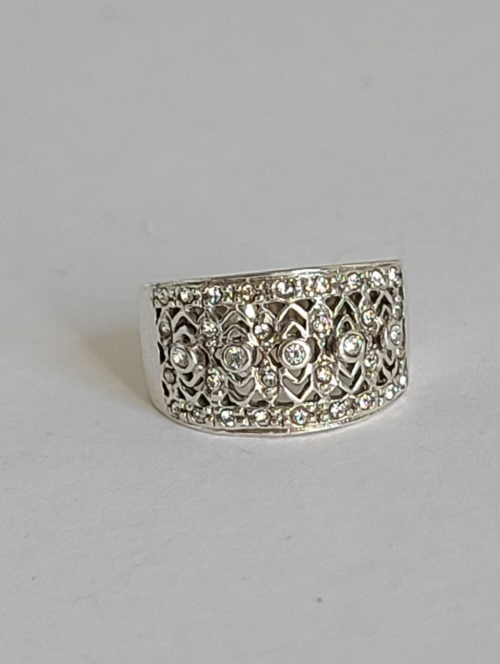 Elegant Sterling Silver CZ Rhinestone Crystal Filigree Chunky Wide Band Ring 6 - Picture 7 of 15
